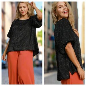 Umgee Black Satin Rhinestone Embellished Puff Sleeve Top